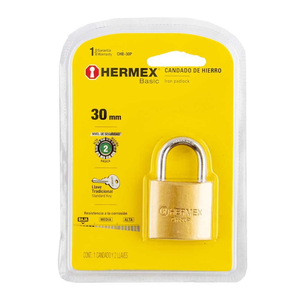 Venta de CANDADO 30MM LATON PULIDO BLISTER HERMEX BASIC